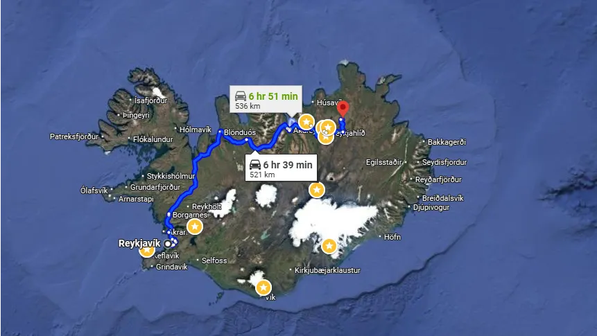 Empfohlene Reiseroute Reykjavik - Dettifoss Wasserfall